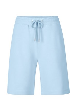 Shorts de sport bleu clair en tissu doux, dotés d'une taille élastique, d'un cordon de serrage et d'une longueur mi-cuisse avec des coutures soignées.