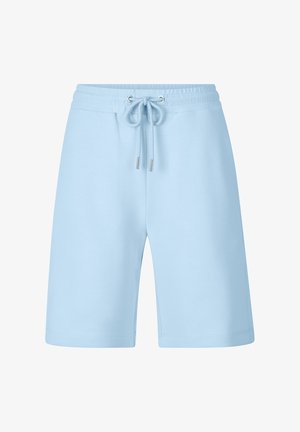 Šviesiai mėlyni sportiniai šortai, pagaminti iš minkštos medžiagos, su elastingu juosmeniu, preso virvele ir vidutinio ilgio iki šlaunų, su tvarkingu siuvimu.