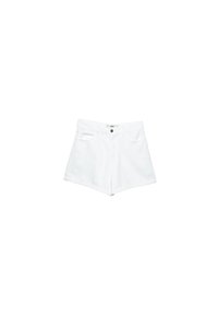 Shorts in denim bianco con vita alta, design a cinque tasche e chiusura con bottone. Il tessuto è liscio con una leggera elasticità per garantire comfort.
