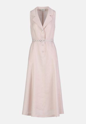 Ujjatlan világos rózsaszín midi ruha hajtókás gallérral, elöl gombokkal és derékon illeszkedő övvel, légiesen hullámzó A-vonalú szoknyával.