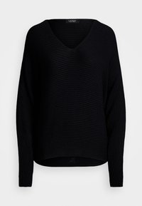 Černý pletený svetr s výstřihem do V, ribrovou texturou a dlouhými rukávy. Uvolněný střih a spadlými rameny, minimální branding na výstřihu.