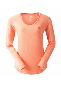 Langärmliges V-Ausschnitt-Shirt in einem hellen Orange, aus einem glatten, strukturierten Stoff, mit einem kleinen Logo auf der linken Brust und schmal geschnittenen Ärmeln.