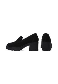 Mocassins en daim noir à plateforme avec un bout arrondi, présentant une couture surélevée sur le dessus et un talon chunky texturé.