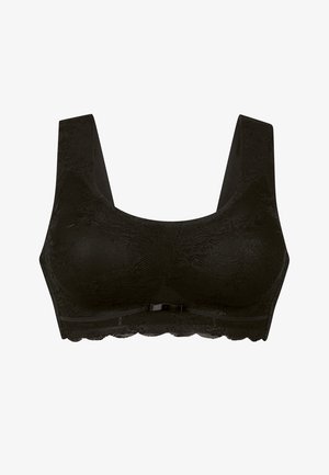 Brassière en dentelle noire avec des bretelles larges, tissu texturé, bonnets rembourrés et un nœud décoratif au centre. Finition en dentelle festonnée en bas.