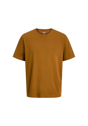 T-shirt in cotone marrone con maniche corte, scollatura rotonda e vestibilità comoda. Presenta un'etichetta del marchio sulla cucitura laterale. Texture liscia.