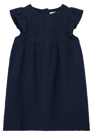 Mørkeblå kjole til småbørn med hulbroderi på bærestykket, flæseærmer og en samlet nederdel.