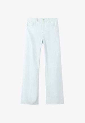 Lichtblauwe jeans met wijde pijpen, voor met knoop en rits, lussen voor een riem en voorzakken.