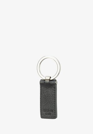 Keyring with textured black leather tag embossed with "Made in Italy" attached to a silver metal ring.