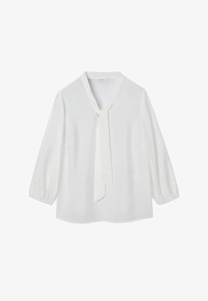 Biela blúzka s dlhými rukávmi, výstrihom do V a pripevnenou viazačkou na krk, s mierne nariasenými manžetami a voľným strihom.