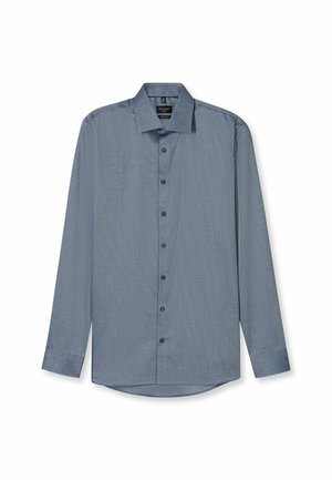 Langärmliges Button-Up-Hemd aus dunkelblauem Stoff mit einem dezenten Muster, ausgestattet mit einem spitzen Kragen und fünf vorderen Knöpfen.