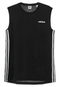 Camisa atlética sin mangas negra con el logo de Adidas, presenta franjas laterales blancas y una tela texturizada. Diseño de cuello redondo y dobladillo recto.