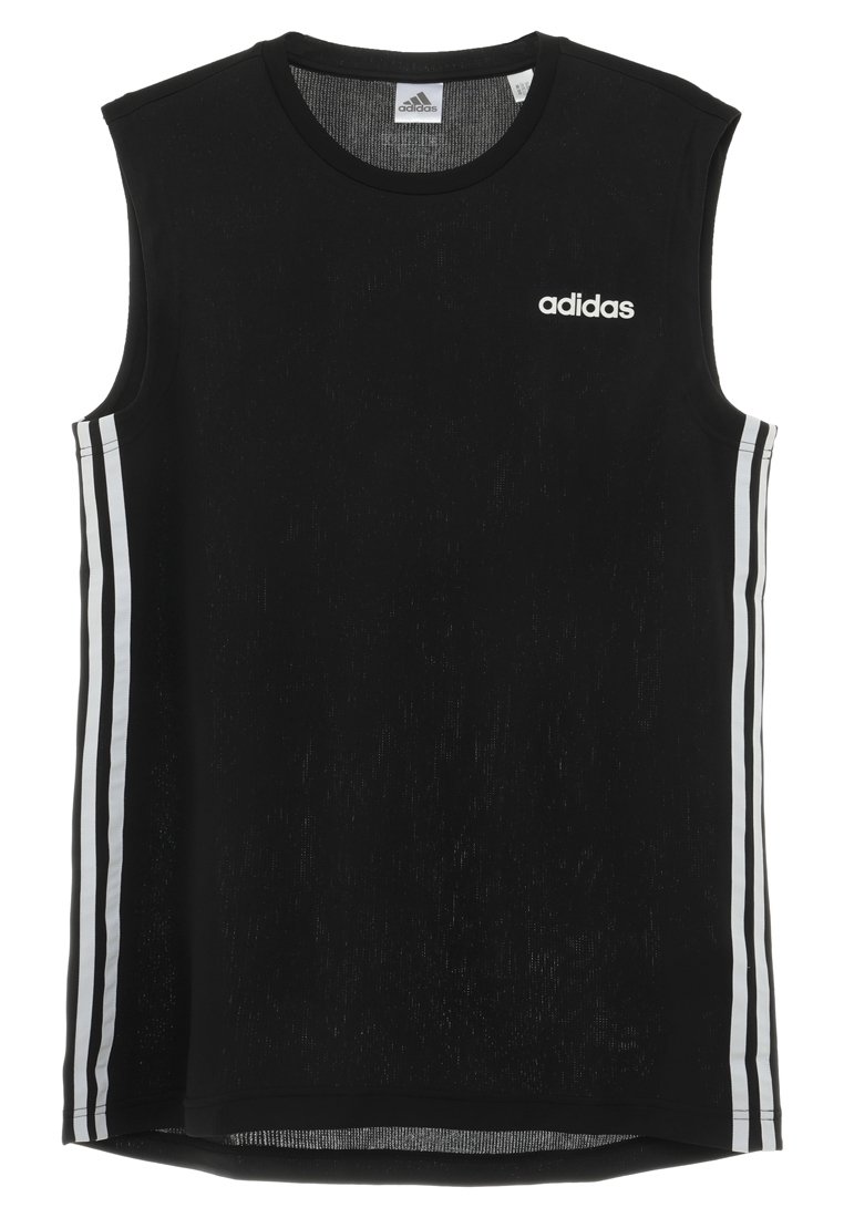 Camisa atlética sin mangas negra con el logo de Adidas, presenta franjas laterales blancas y una tela texturizada. Diseño de cuello redondo y dobladillo recto.