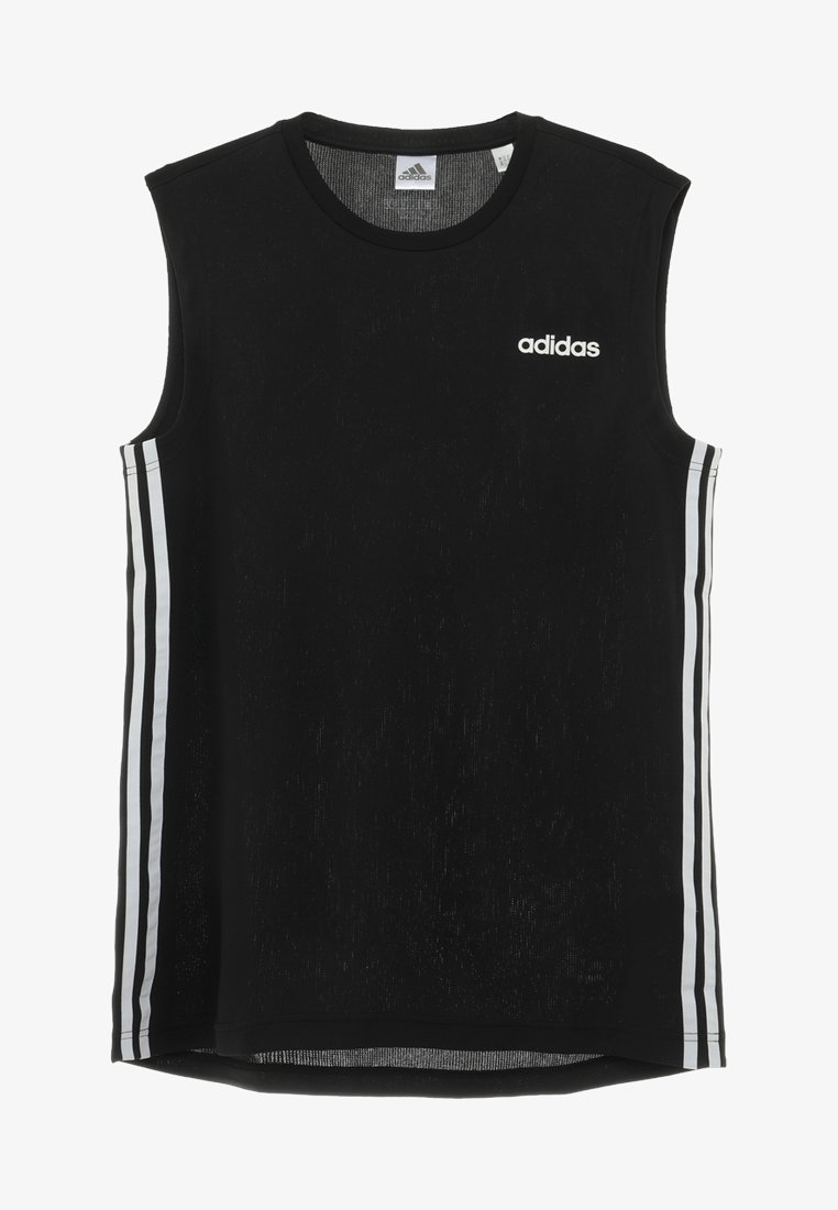 Camisa atlética sin mangas negra con el logo de Adidas, presenta franjas laterales blancas y una tela texturizada. Diseño de cuello redondo y dobladillo recto.