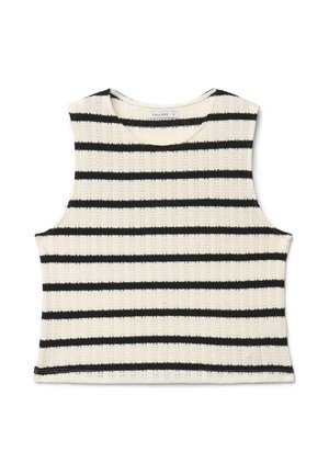 Top corto lavorato a maglia senza maniche con righe orizzontali bianche e nere e scollo rotondo.