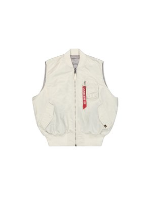 Krémová vesta bez rukávov so zipsom vpredu, bočnými vreckami a malým vreckom so zipsom. Má červenú značku a rebrovaný pás.