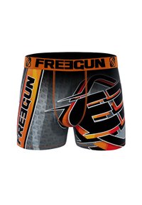 Boxers pour hommes arborant un design noir, gris et orange avec un logo "FREEGUN" bien en vue et des motifs graphiques dynamiques sur un tissu extensible.