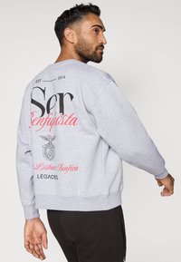 Szürke pulcsi kerek nyakkal, a hátsó részen nagy fekete és piros szöveggel, valamint emblémával. Illeszkedő mandzsetták és egyenes alj.