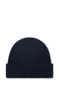 Beanie in maglia blu navy con tessuto testurizzato, dotato di risvolto e silhouette affusolata. Adatto per un look casual.