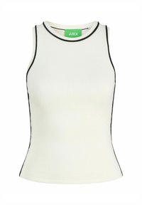 Hvid ærmeløs top med sort piping langs udskæringen og siderne, lavet af et ribbet tekstil. Har et grønt label indeni.