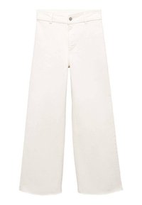 Pantalones vaqueros anchos blancos, hechos de mezclilla de algodón, con cierre de botón, bolsillo frontal y dobladillo deshilachado.