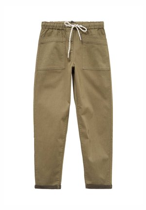 Pantalon décontracté de couleur kaki avec taille élastique, cordon blanc, deux poches plaquées à l'avant et ourlets retroussés.