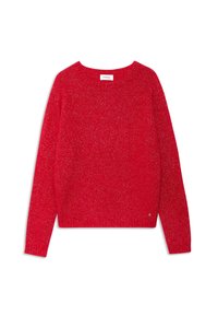 Roter Strickpullover mit Rundhalsausschnitt, langen Ärmeln und einer strukturierten Oberfläche mit leichtem Schimmer. Mit einem kleinen Logo-Detail am Saum.