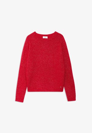 Czerwony wełniany sweter z okrągłym dekoltem, długimi rękawami i strukturalną powierzchnią z subtelnym połyskiem. Zawiera mały szczegół logo na dolnym brzegu.