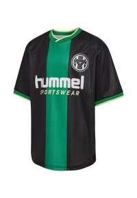 Zwart en groene sporttrui met korte mouwen, verticale strepen, een ronde kraag en het logo "hummel SPORTSWEAR" prominent aanwezig.