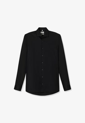 Zwart overhemd met lange mouwen van gladde stof, met een knoopsluiting aan de voorkant, een klassieke kraag en een licht gebogen zoom. Geen patronen of accenten.