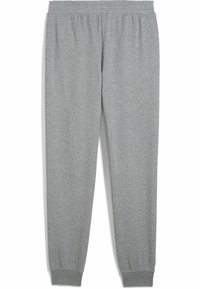 Grå sweatpants lavet af blødt stof, med elastisk talje og tætsiddende manchetter ved anklerne. Simpelt design uden yderligere mønstre.