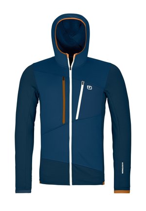 Navy hoodie jacket with an orange accent, featuring a zip closure, three zippered pockets, and a textured fabric in varying shades.