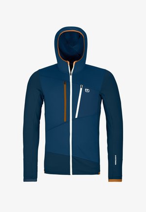 Navy hoodie jacket with an orange accent, featuring a zip closure, three zippered pockets, and a textured fabric in varying shades.