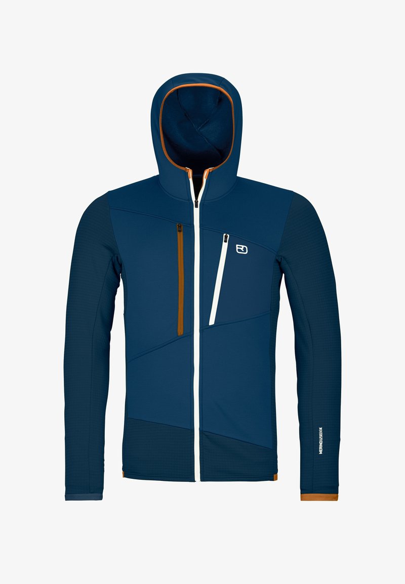 Marineblaue Kapuzenjacke mit einem orangefarbenen Akzent, ausgestattet mit einem Reißverschluss, drei Reißverschlusstaschen und einem strukturierten Stoff in verschiedenen Farbtönen.