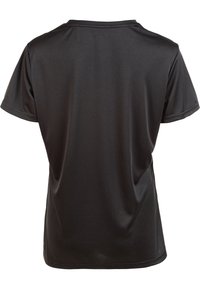 Schwarzes Sport-T-Shirt, kurze Ärmel, runder Halsausschnitt, glatte Textur, leichtes Material. Die Rückansicht zeigt keine sichtbaren Logos oder Muster.