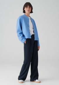 Cardigan in lana blu con colletto rotondo, chiusura a bottoni e maniche lunghe, abbinato a pantaloni scuri e sneakers bianche.