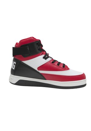 High-top sneaker in red, white, and black leather with black laces, ankle strap, and "WING" text on the heel.