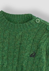 Grüner Kabelstrick-Pullover mit geripptem Kragen, der dekorative Knöpfe an der Schulter und ein kleines gesticktes Segelboot-Logo aufweist.