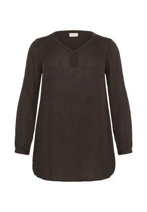 Bluză lungă cu mâneci, de culoare maro închis, cu decolteu în V și croială lejeră. Fabricată dintr-un material ușor, având o textură subtilă și un tiv rotunjit.