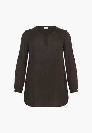 Donkerbruine blouse met lange mouwen, een V-hals en een relaxed fit. Gemaakt van lichtgewicht stof, met een subtiele textuur en een ronde zoom.