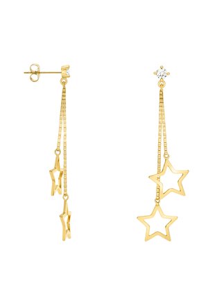 Orecchini a forma di stella in tono oro, featuring due stelle pendenti, una solida e una a design aperto, con un piccolo cristallo in alto.