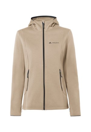 Beige Fleecejacke mit Kapuze, ausgestattet mit einem durchgehenden Reißverschluss, zwei Reißverschlusstaschen und schwarzen Reißverschlussakzenten. Logo auf der Brust gedruckt.