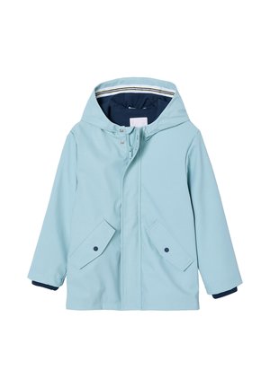 Light blue hooded raincoat with front zipper and snap-button flap pockets, navy lining, and striped detail inside the hood.