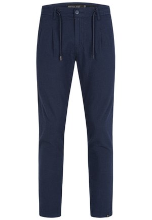 Pantaloni blu navy realizzati in tessuto testurizzato, con vita elastica, cordoncino regolabile e vestibilità affusolata.