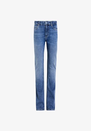 Jeans in denim azzurro chiaro con design a gamba dritta, stile a cinque tasche e classica chiusura anteriore con bottone. Lavaggio sbiadito con leggere sfumature.