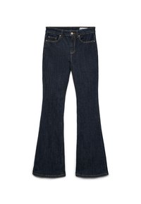 Dunkelblaue Jeans aus Denim mit ausgestelltem Bein, vorderem Knopf und Reißverschluss sowie fünf Taschen, darunter eine Münztasche.