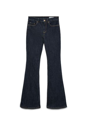 Tumši zili džinsa džinsi ar izplatītu kāju, priekšējo pogu un rāvējslēdzēju, kā arī piecām kabatām, tostarp monētu kabatu.