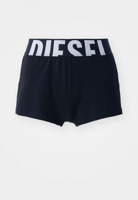 Boxers de algodão pretos com uma cintura elástica larga apresentando o logótipo "DIESEL" em branco, projetados para conforto e ajuste.