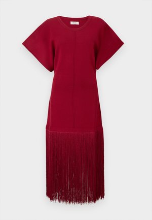Red knit dress with short sleeves and a loose fit, featuring a long fringe detail along the hem. Smooth texture and solid color.