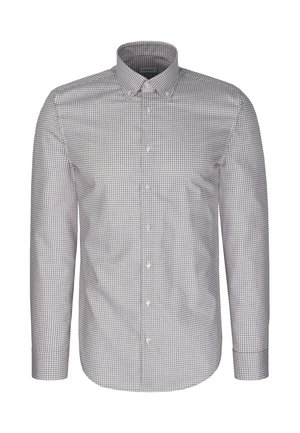 Chemise homme à manches longues boutonnée avec un petit motif à carreaux dans des tons de gris et blanc, présentant un col pointu.