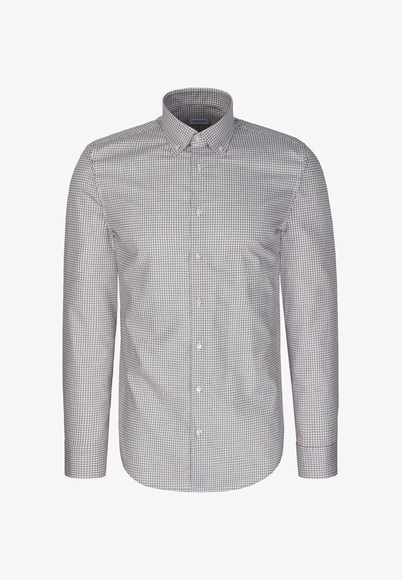 Chemise homme à manches longues boutonnée avec un petit motif à carreaux dans des tons de gris et blanc, présentant un col pointu.